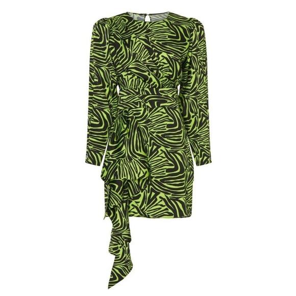 Rent the runway size 4 low cut ronny kobo zebra print green dress ruffle animal - Picture 4 of 9
